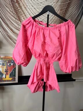 Sienna LA pink cotton peplum open back puff sleeve blouse S 2254